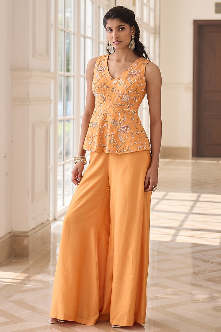 Autumn Orange Chanderi & Shantoon Hand Embroidered Co-Ord Set by RINESSA at Pernia's Pop Up Shop