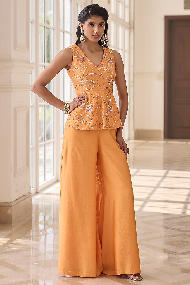Autumn Orange Chanderi & Shantoon Hand Embroidered Co-Ord Set by RINESSA at Pernia's Pop Up Shop