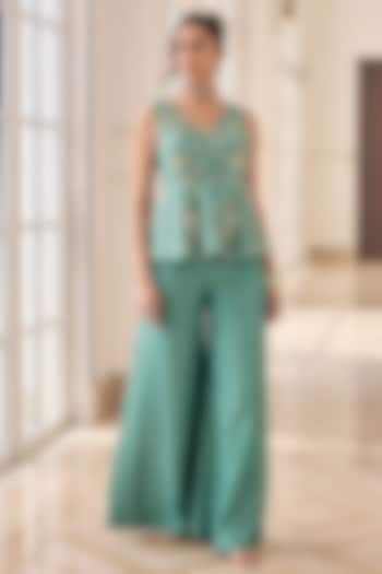 Aqua Green Chanderi & Shantoon Hand Embroidered Co-Ord Set by RINESSA at Pernia's Pop Up Shop