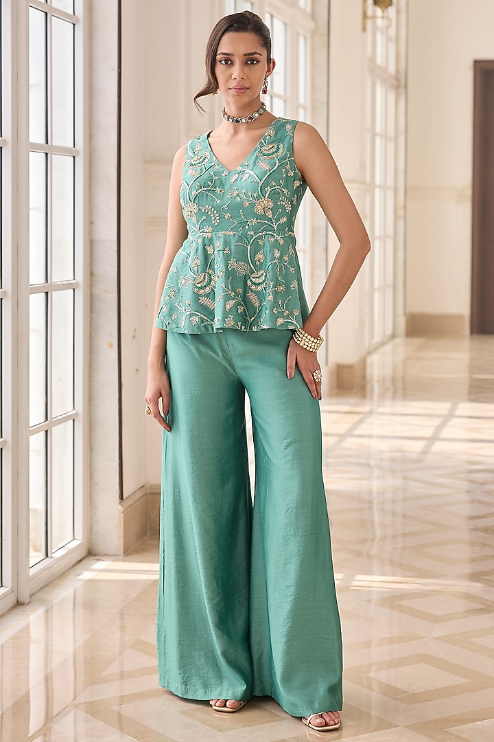 Aqua Green Chanderi & Shantoon Hand Embroidered Co-Ord Set by RINESSA at Pernia's Pop Up Shop