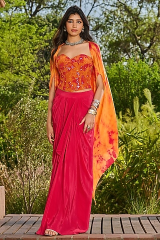 Fuchsia Georgette Satin Dhoti Skirt Set by RINESSA