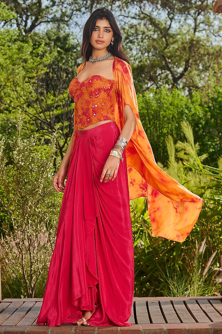 Fuchsia Georgette Satin Dhoti Skirt Set by RINESSA at Pernia's Pop Up Shop
