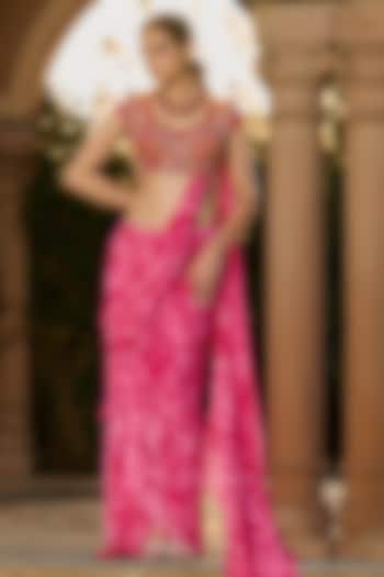 Pink Georgette Tie-Dye Printed Draped Party Wear Saree Set by RINESSA at Pernia's Pop Up Shop