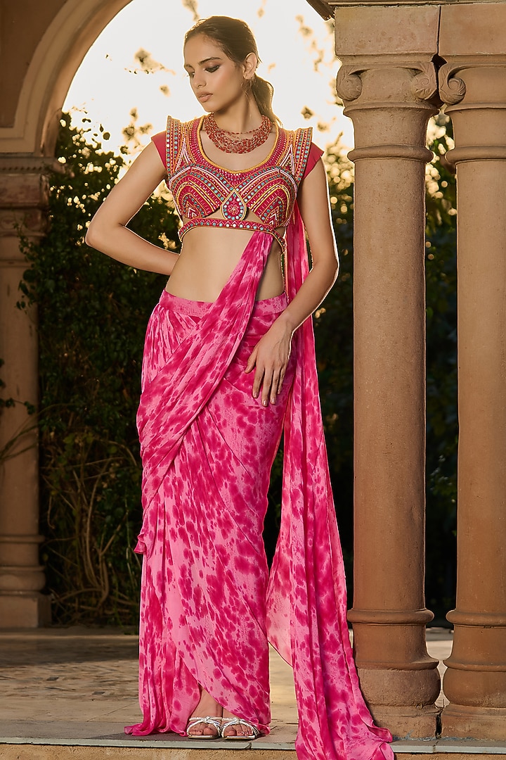 Pink Georgette Tie-Dye Printed Draped Party Wear Saree Set by RINESSA at Pernia's Pop Up Shop
