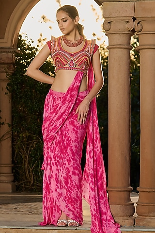 Pink Georgette Tie-Dye Printed Draped Saree Set by RINESSA