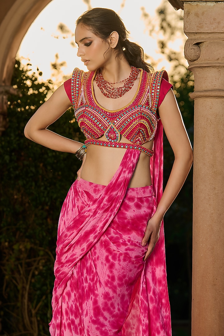 Pink Georgette Tie-Dye Printed Draped Party Wear Saree Set by RINESSA at Pernia's Pop Up Shop