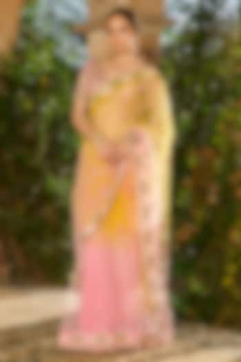 Orange & Pink Ombre Crepe Wedding Saree Set by RINESSA at Pernia's Pop Up Shop