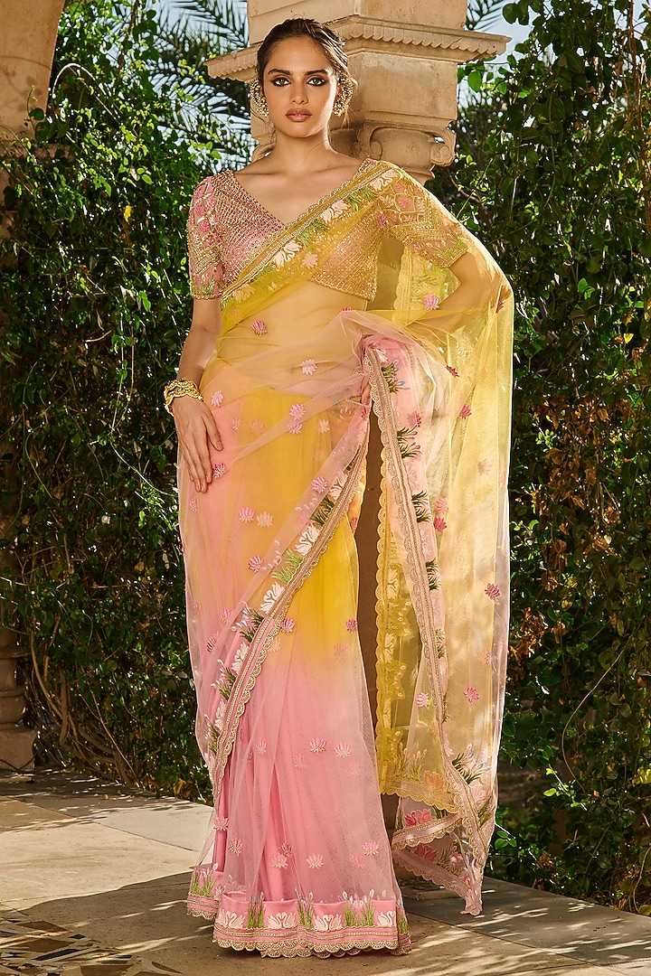Orange & Pink Ombre Crepe Wedding Saree Set by RINESSA at Pernia's Pop Up Shop