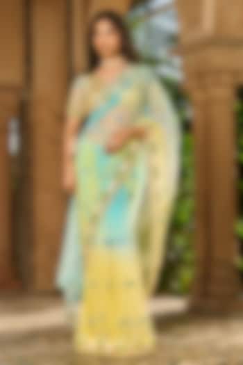 Yellow & Sky Blue Ombre Crepe Wedding Saree Set by RINESSA at Pernia's Pop Up Shop