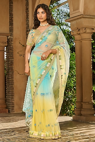 Yellow & Sky Blue Ombre Crepe Saree Set by RINESSA