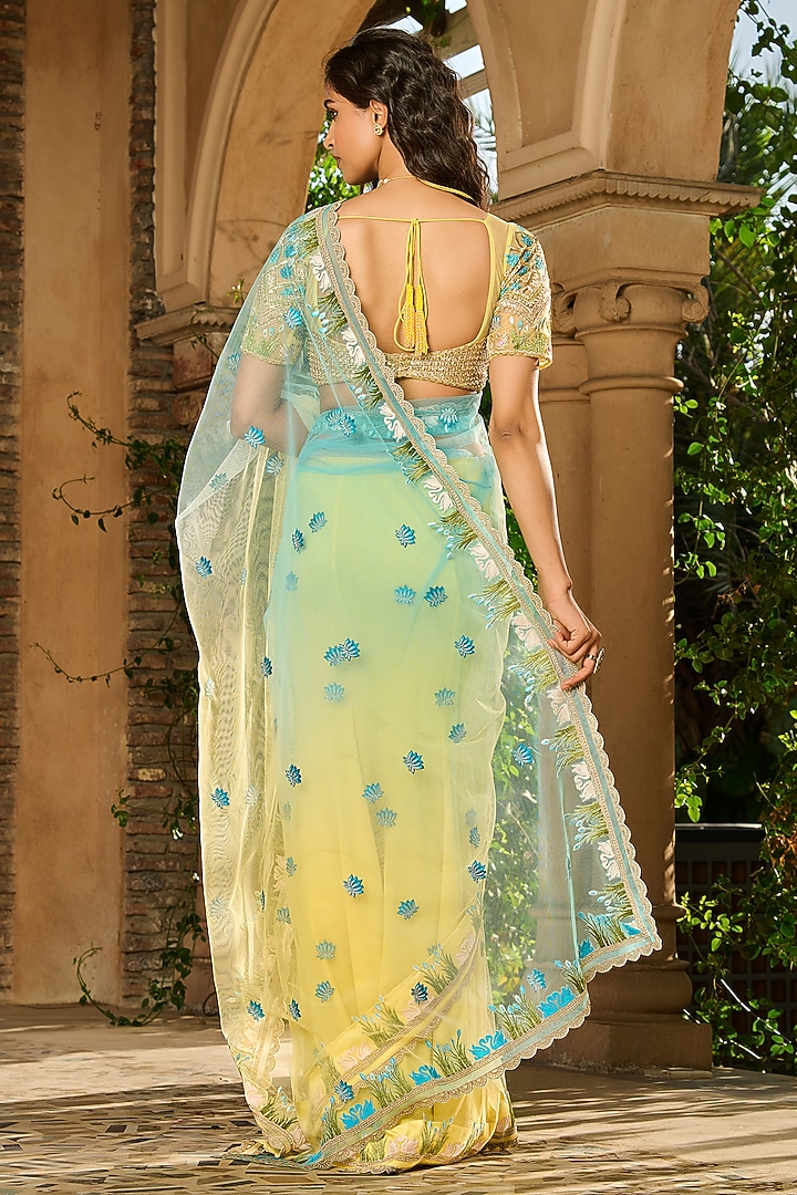 Yellow & Sky Blue Ombre Crepe Wedding Saree Set by RINESSA at Pernia's Pop Up Shop