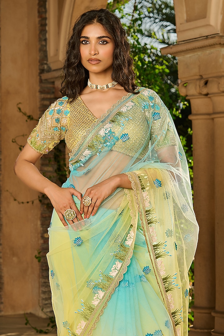 Yellow & Sky Blue Ombre Crepe Wedding Saree Set by RINESSA at Pernia's Pop Up Shop