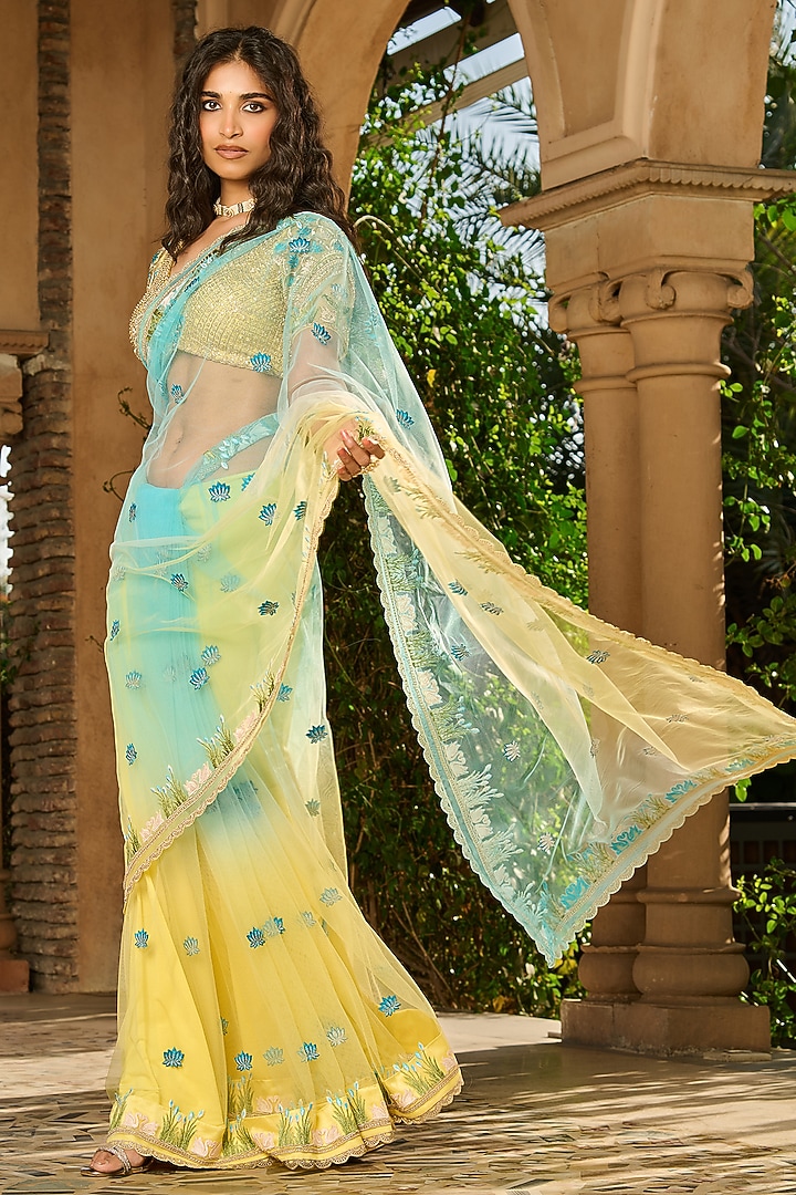 Yellow & Sky Blue Ombre Crepe Wedding Saree Set by RINESSA at Pernia's Pop Up Shop