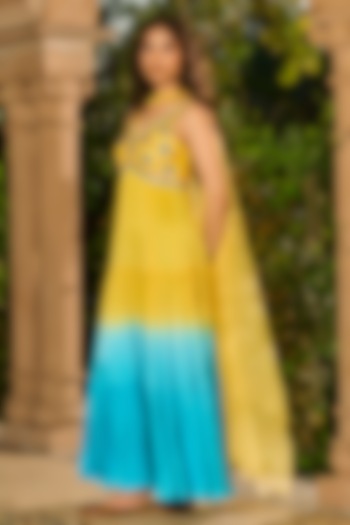 Yellow and Sky Blue Ombre Dupion Silk Party Wear Anarkali With Dupatta by RINESSA at Pernia's Pop Up Shop