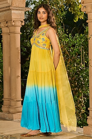 Yellow and Sky Blue Ombre Dupion Silk Anarkali With Dupatta by RINESSA