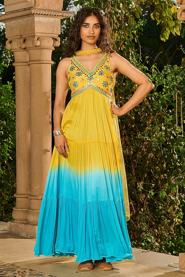 Yellow and Sky Blue Ombre Dupion Silk Party Wear Anarkali With Dupatta by RINESSA at Pernia's Pop Up Shop