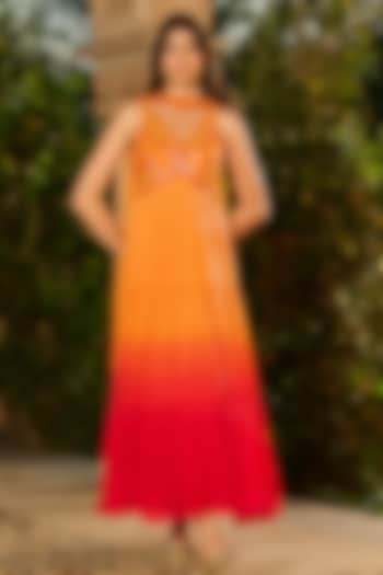 Orange & Red Ombre Dupion Silk Party Wear Anarkali With Dupatta by RINESSA at Pernia's Pop Up Shop