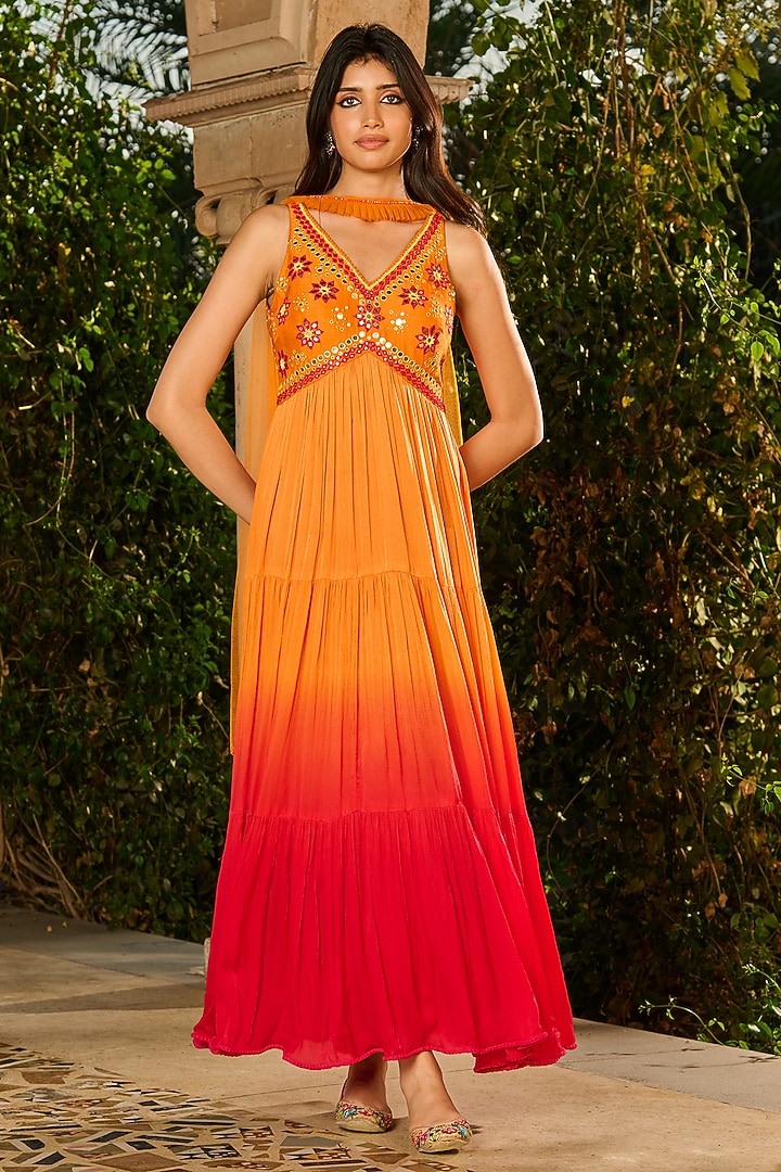 Orange & Red Ombre Dupion Silk Party Wear Anarkali With Dupatta by RINESSA at Pernia's Pop Up Shop