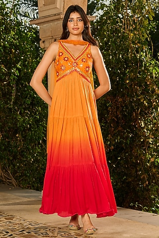 Orange & Red Ombre Dupion Silk Anarkali With Dupatta by RINESSA