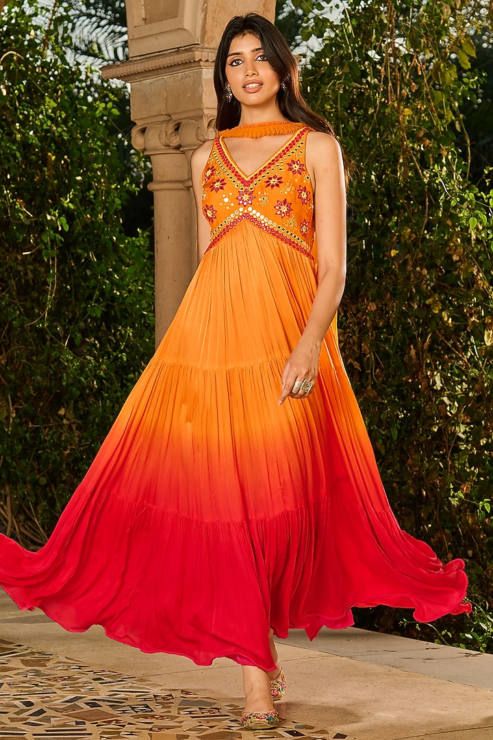 Orange & Red Ombre Dupion Silk Party Wear Anarkali With Dupatta by RINESSA at Pernia's Pop Up Shop