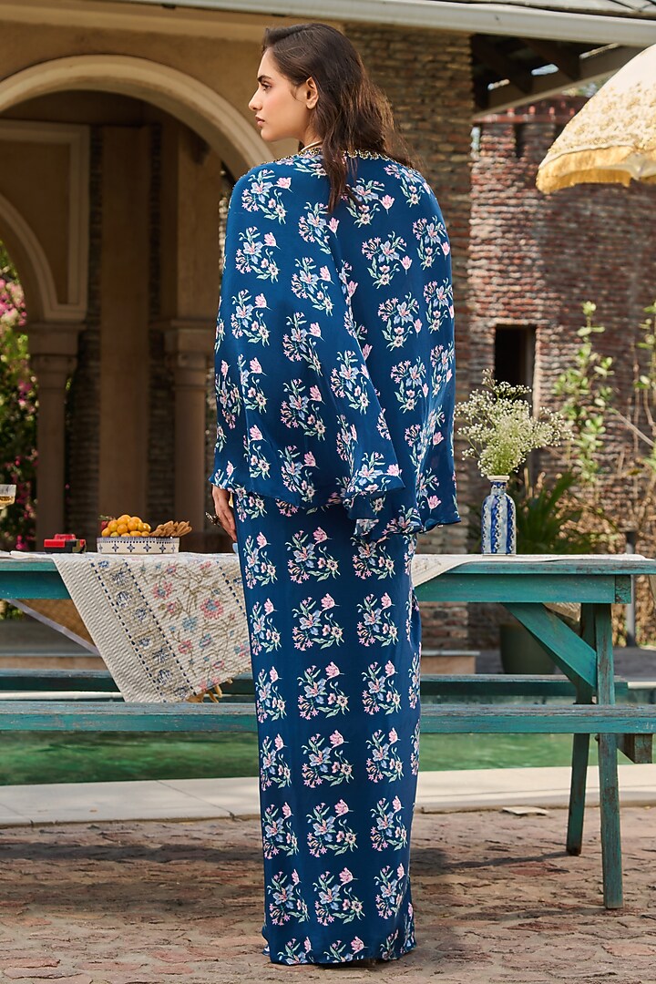 Navy Blue Crepe Printed Flowy Cape Set by RINESSA at Pernia's Pop Up Shop