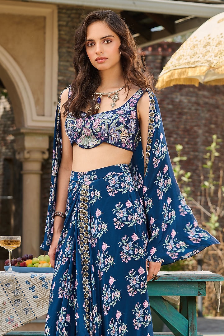 Navy Blue Crepe Printed Flowy Cape Set by RINESSA at Pernia's Pop Up Shop