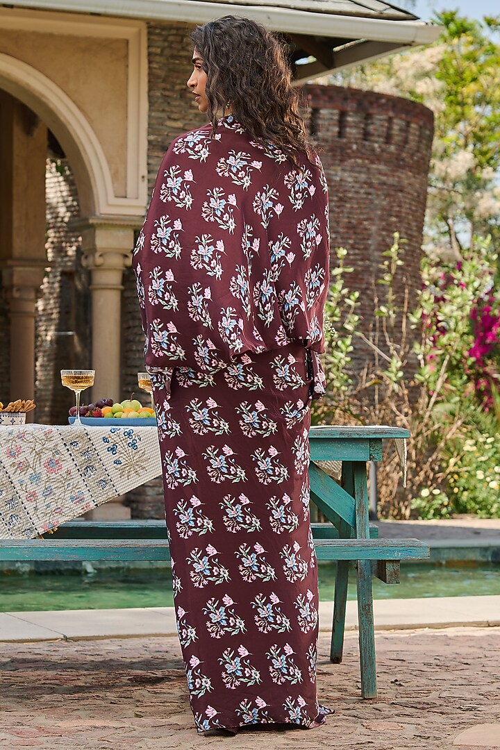 Brown Crepe Printed Flowy Cape Set by RINESSA at Pernia's Pop Up Shop