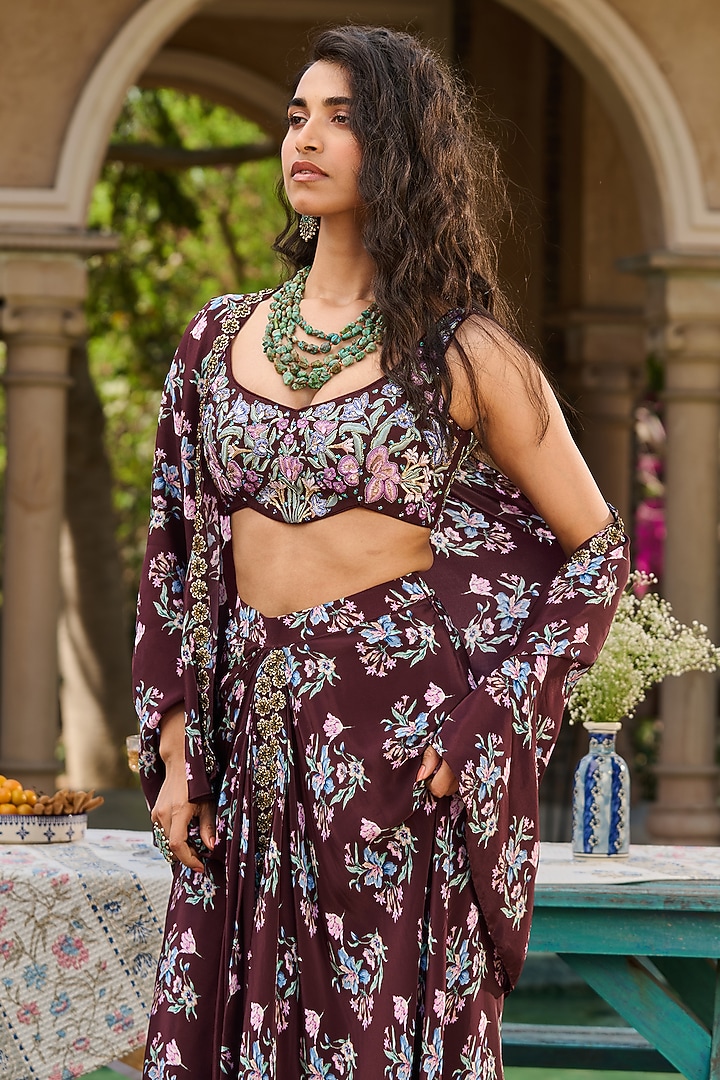 Brown Crepe Printed Flowy Cape Set by RINESSA at Pernia's Pop Up Shop