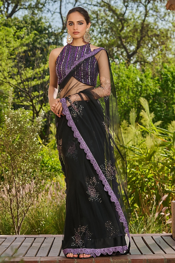 Black Net & Satin Embellished Wedding Saree Set by RINESSA at Pernia's Pop Up Shop