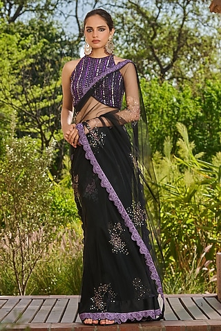 Black Net & Satin Embellished Saree Set by RINESSA