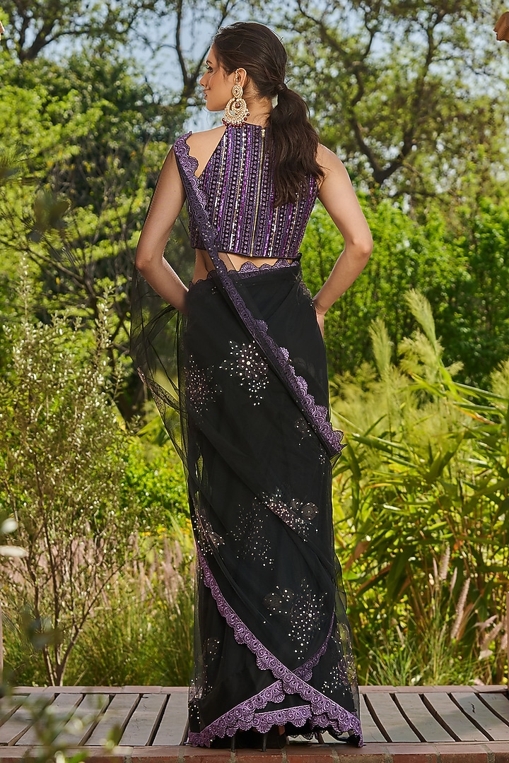 Black Net & Satin Embellished Wedding Saree Set by RINESSA at Pernia's Pop Up Shop