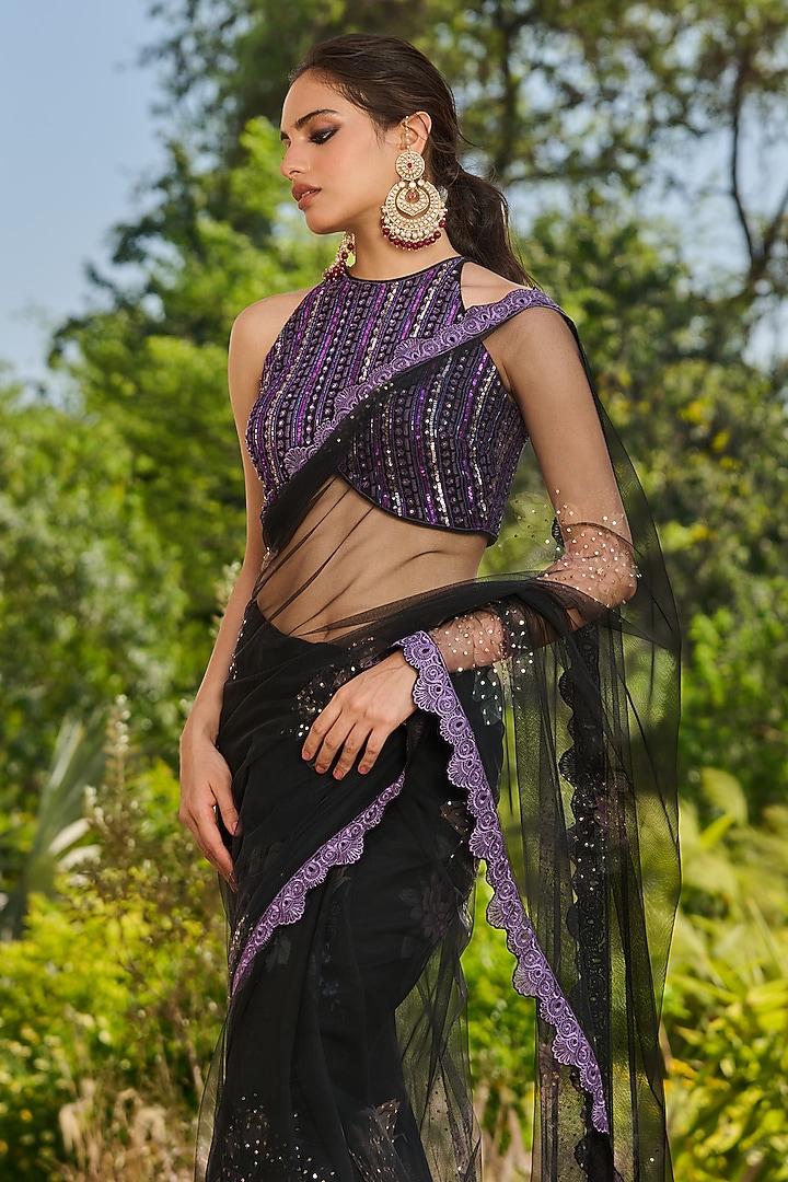 Black Net & Satin Embellished Wedding Saree Set by RINESSA at Pernia's Pop Up Shop