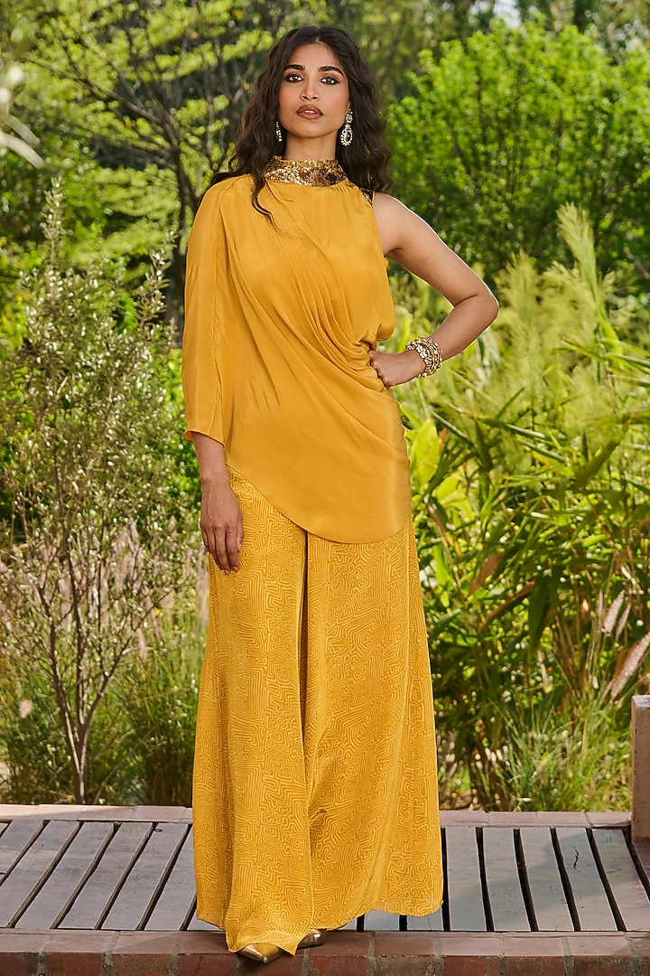 Yellow Crepe Printed Printed Party Wear Sharara Set by RINESSA at Pernia's Pop Up Shop