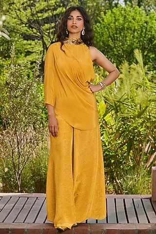 Yellow Crepe Printed Printed Sharara Set by RINESSA