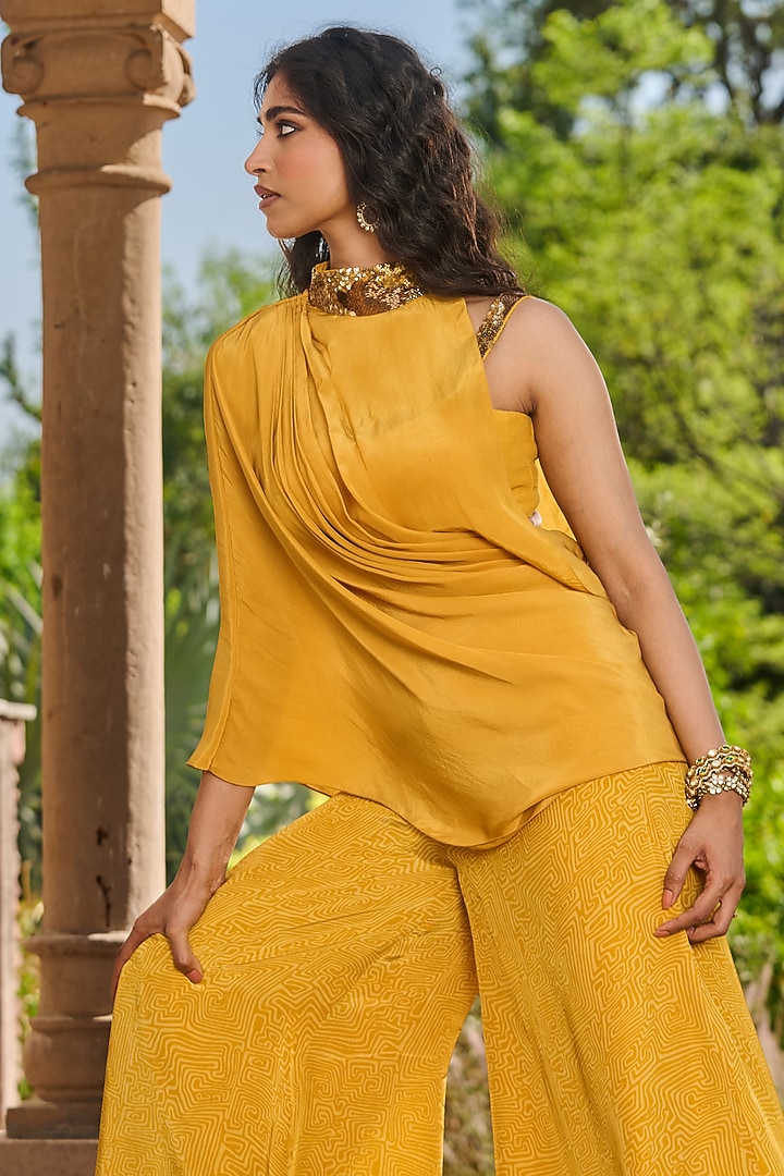 Yellow Crepe Printed Printed Party Wear Sharara Set by RINESSA at Pernia's Pop Up Shop