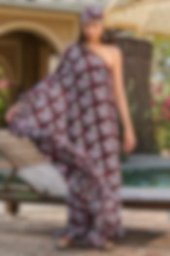 Brown Crepe Printed One-Shoulder Kaftan by RINESSA at Pernia's Pop Up Shop