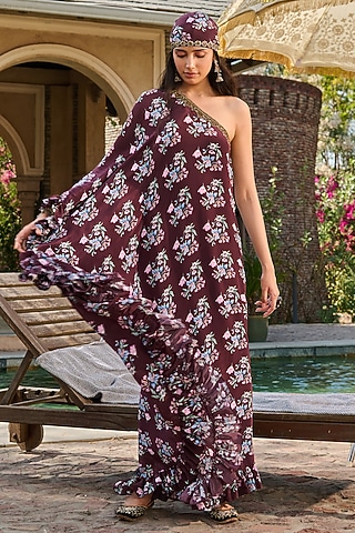 Brown Crepe Printed One-Shoulder Kaftan by RINESSA