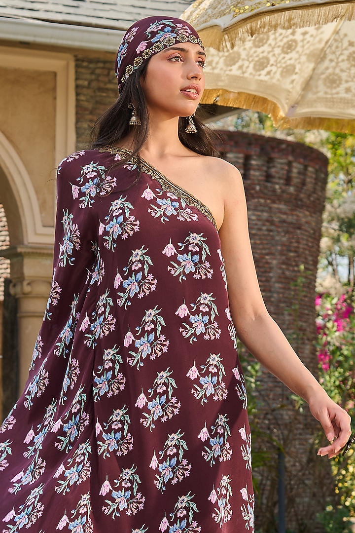 Brown Crepe Printed One-Shoulder Kaftan by RINESSA at Pernia's Pop Up Shop