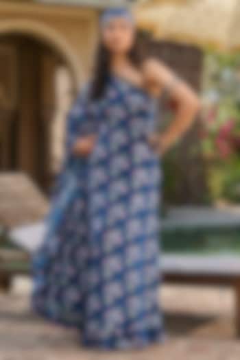 Navy Blue Crepe Printed One-Shoulder Kaftan by RINESSA at Pernia's Pop Up Shop