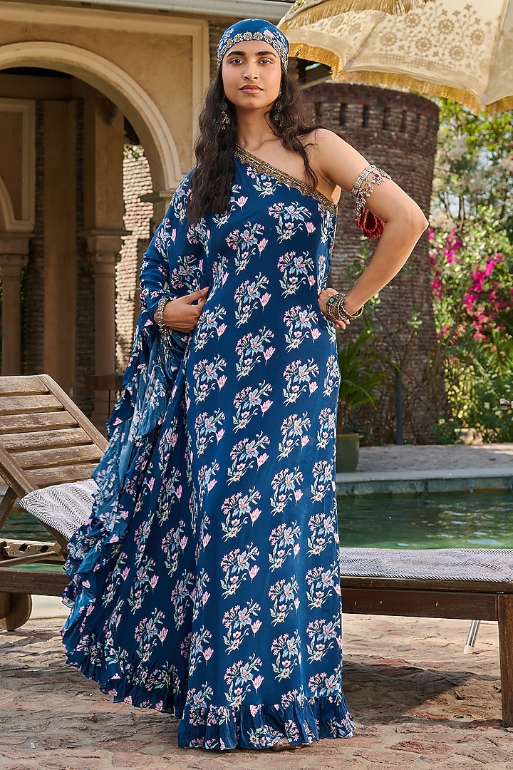Navy Blue Crepe Printed One-Shoulder Kaftan by RINESSA at Pernia's Pop Up Shop