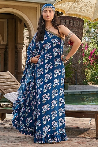 Navy Blue Crepe Printed One-Shoulder Kaftan by RINESSA