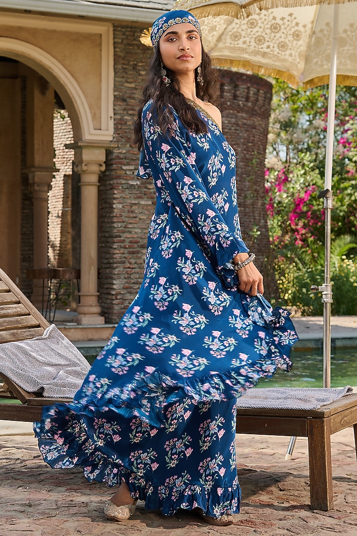 Navy Blue Crepe Printed One-Shoulder Kaftan by RINESSA at Pernia's Pop Up Shop
