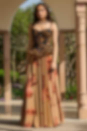 Coffee Brown Crepe Printed Skirt Set by RINESSA at Pernia's Pop Up Shop