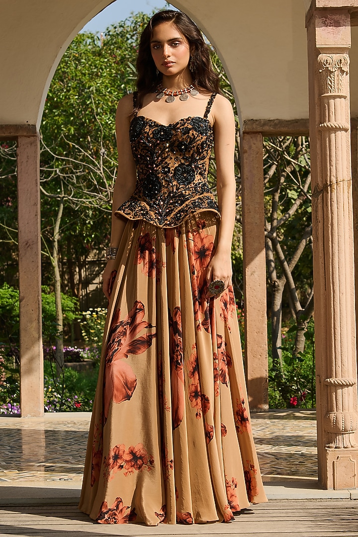 Coffee Brown Crepe Printed Skirt Set by RINESSA at Pernia's Pop Up Shop
