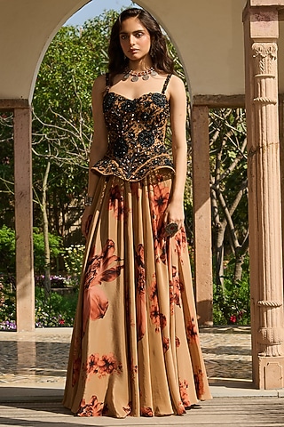 Coffee Brown Crepe Printed Skirt Set by RINESSA