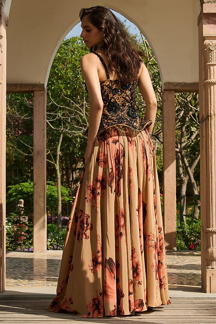 Coffee Brown Crepe Printed Skirt Set by RINESSA at Pernia's Pop Up Shop