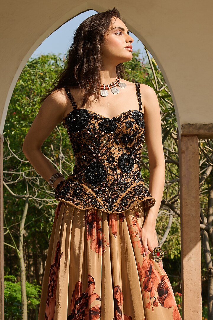 Coffee Brown Crepe Printed Skirt Set by RINESSA at Pernia's Pop Up Shop