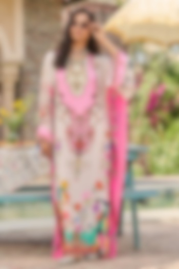 Ivory & Pink Crepe Floral Printed Kaftan by RINESSA at Pernia's Pop Up Shop