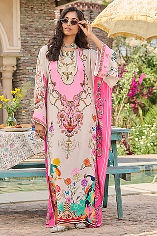 Ivory & Pink Crepe Floral Printed Kaftan by RINESSA