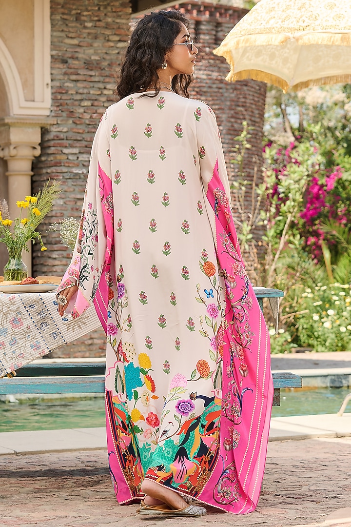 Ivory & Pink Crepe Floral Printed Kaftan by RINESSA at Pernia's Pop Up Shop